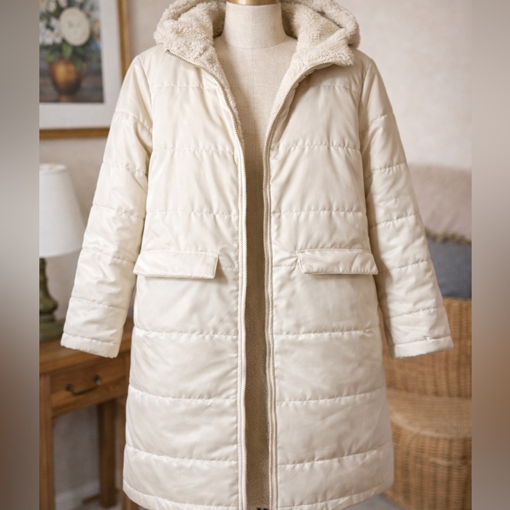 Women's Cream Puffer Coat with Hood